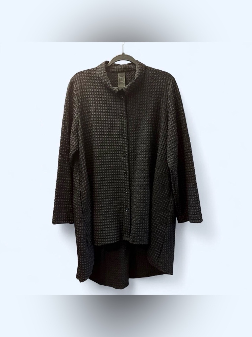Kedem Sasson Black Puckered Waffle Tunic Blouse Sz 1 N490 Lagenlook High Low